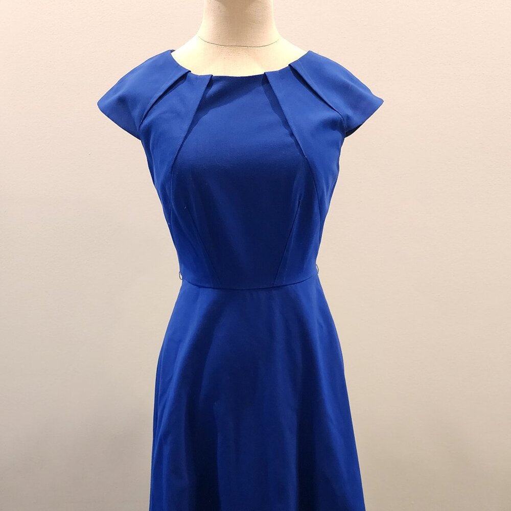 Tahari Belted Fit and Flare Dress with Cap Sleeves and Keyhole Back